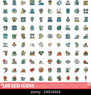 100 eco icons set. Color line set of eco vector icons thin line color flat on white Stock Vector