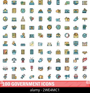 100 government icons set. Color line set of government vector icons thin line color flat on white Stock Vector