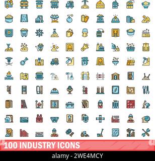 100 industry icons set. Color line set of industry vector icons thin line color flat on white Stock Vector