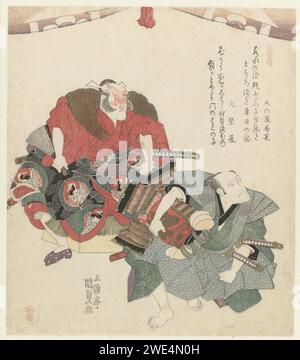 Two men under a curtain, Utagawa Kunisada (I), c. 1824 print Two men, one kneeling with the top of a battle kit (ôyoroi) under his arm, the other sitting behind him, under a rolled curtain. This concerns actor Nakamura Utaemon IV (1796-1852) in the role of Oniô and actor Bandô Mitsugorô III (1775-1832) as Asashina Saburô, recognizable by the large crane emblems on his clothing. Scene from the play Kadoreisha Soga No Toshidama, which was performed in 1824 in the Nakamura Theater in Edo. Center leaf of a triptych. With two poems. Japan paper color woodcut actor (on the stage). carrying something Stock Photo
