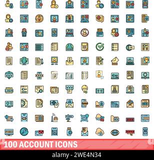 100 account icons set. Color line set of account vector icons thin line color flat on white Stock Vector