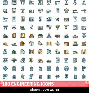 100 engineering icons set. Color line set of engineering vector icons thin line color flat on white Stock Vector