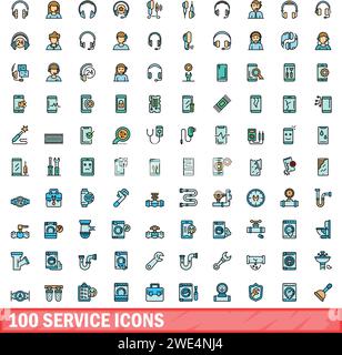 100 service icons set. Color line set of service vector icons thin line color flat on white Stock Vector