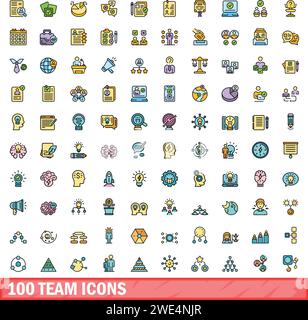 100 team icons set. Color line set of team vector icons thin line color flat on white Stock Vector