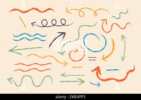 Hand drawn crayon chalk charcoal line arrows set. curvy and wavy arrows isolated on beige grid. squiggles and scribbles strokes. Elements for diagrams Stock Vector