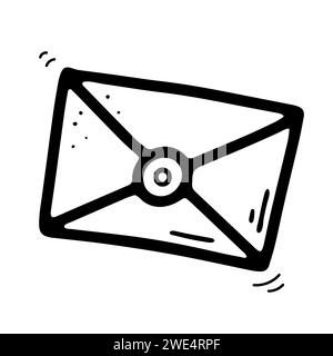 Doodle mailing envelope with stamp. Hand-drawn letter isolated on white background. Outline Greeting card image. Sign of communication, message, mail, Stock Vector