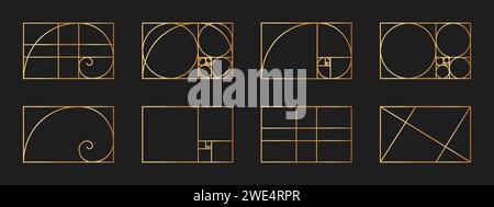 Set of golden ratio templates. Logarithmic spiral in rectangle frame divided on lines, squares and circles. Fibonacci sequence grids. Ideal nature symmetry proportions layouts. Vector illustration Stock Vector