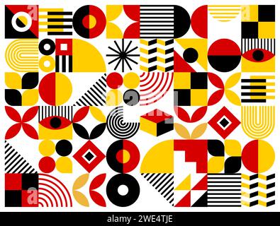 Modern abstract geometric black, red and yellow pattern background, creating a visually striking contrast, seamlessly integrates bold shapes, evoking a dynamic and contemporary vector aesthetics Stock Vector