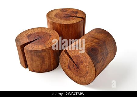 Sawed walnut tree trunks with a crack isolated on a white background. Natural pedestals for product advertising Stock Photo