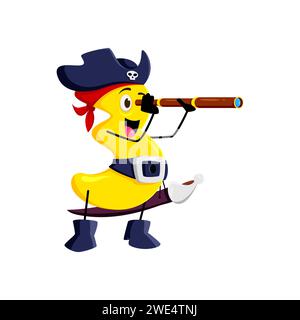 Cartoon math number three pirate captain and corsair sailor character peers through a spyglass with a playful grin. Isolated vector numeric 3 personage wearing a tricorn hat, and trusty cutlass Stock Vector