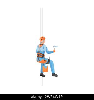 Industrial climber hanging on ropes, man in helmet holding paint roller vector illustration Stock Vector