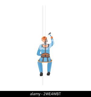 Rope access worker working at height, man in helmet and uniform holding ...