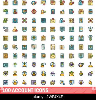 100 account icons set. Color line set of account vector icons thin line color flat on white Stock Vector