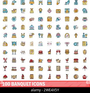 100 banquet icons set. Color line set of banquet vector icons thin line color flat on white Stock Vector