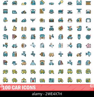 100 car icons set. Color line set of car vector icons thin line color flat on white Stock Vector