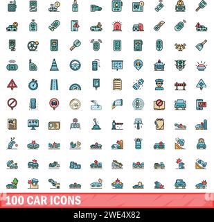 100 car icons set. Color line set of car vector icons thin line color flat on white Stock Vector