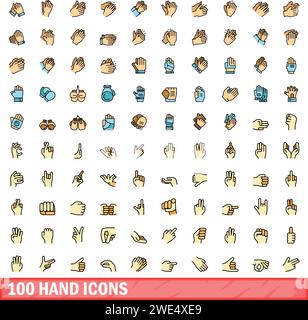 100 hand icons set. Color line set of hand vector icons thin line color flat on white Stock Vector