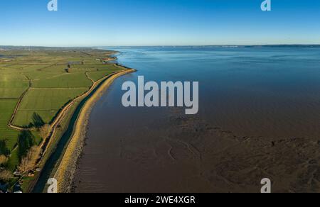 Gold Cliff sea wall, South Wales with the Severn eatuary. Stock Photo