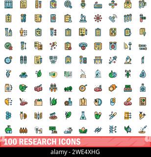 100 research icons set. Color line set of research vector icons thin line color flat on white Stock Vector