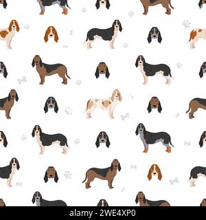 Schweizerischer Niederlaufhund, Small swiss hound seamless pattern.  All coat colors set.  All dog breeds characteristics infographic. Vector illustra Stock Vector
