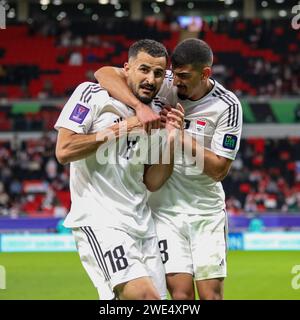 Al Rayyan, Qatar. 15th Jan, 2024. Aymen Hussein of Iraq celebrates his goal 1-3 with Bashar Resan during the AFC Asian Cup Qatar 2023, Group D football match between Indonesia and Iraq on January 15, 2024 at Ahmed Bin Ali Stadium in Al Rayyan, Qatar - Photo Najeeb Almahboobi/TheMiddleFrame/DPPI Credit: DPPI Media/Alamy Live News Stock Photo