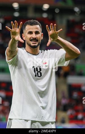 Al Rayyan, Qatar. 15th Jan, 2024. Aymen Hussein of Iraq celebrates his goal 1-3 during the AFC Asian Cup Qatar 2023, Group D football match between Indonesia and Iraq on January 15, 2024 at Ahmed Bin Ali Stadium in Al Rayyan, Qatar - Photo Najeeb Almahboobi/TheMiddleFrame/DPPI Credit: DPPI Media/Alamy Live News Stock Photo