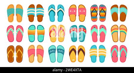 Set of Beach Slippers. Colorful Summer Flip Flops Over gray Background ...