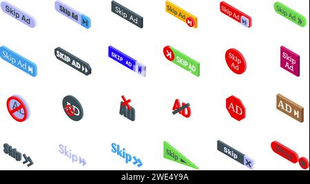 Skip ad icons set isometric vector. Cursor apply stop. Refusal join not Stock Vector