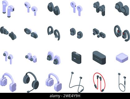 Wireless earphones icons set isometric vector. Music audio case. Earbuds device Stock Vector