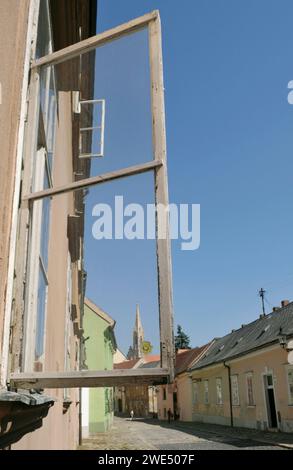 open windows on the Kapitulska street in the old town of Bratislava, Slovakia Stock Photo