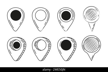 Navigation markers, pinpoints, tag in hand drawn style. Doodle pin symbol, location sign collection Stock Vector