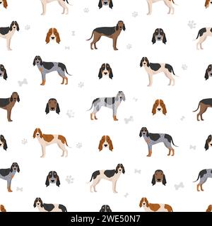 Schwyzer Laufhund, Swiss Hound seamless pattern. All coat colors set.  All dog breeds characteristics infographic. Vector illustration Stock Vector