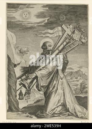 The H. Bernardus van Clairvaux, with the passion tools, Cornelis Cort, After Pauwels Franck, 1576 print The Holy Bernardus of Clairvaux kneels in a landscape. He carries the passion tools on his left shoulder. The dice of the soldiers lie on the ground in front of him. In the air the sun and the moon. Rome paper engraving Bernard of Clairvaux, Cistercian monk and abbot; possible attributes: beehive, chained dragon, crucifix, cross with instruments of the Passion, (three) mitre at his feet, white dog. 'Arma Christi' Stock Photo