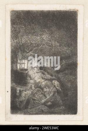 Rest on the flight into Egypt: a night piece, Rembrandt van Rijn, c. 1644 print   paper etching rest on the flight into Egypt Stock Photo