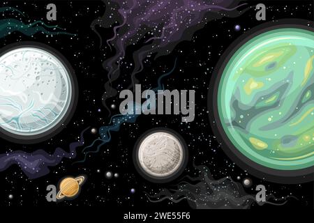 Vector Fantasy Space Chart, horizontal poster with cartoon design blue and green saturn moon, rotating around Saturn in deep space, decorative futuris Stock Vector