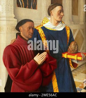 Jean Fouquet painting, 'Etienne Chevalier with St Stephen' c. 1455, part of a diptych; 15th century French painter, early Renaissance painting Stock Photo