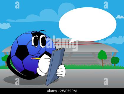 Soccer ball writing on a books cover. Traditional football ball as a cartoon character with face. Stock Vector