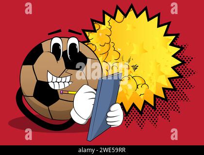 Soccer ball writing on a books cover. Traditional football ball as a cartoon character with face. Stock Vector