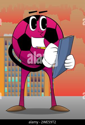 Soccer ball writing on a books cover. Traditional football ball as a cartoon character with face. Stock Vector