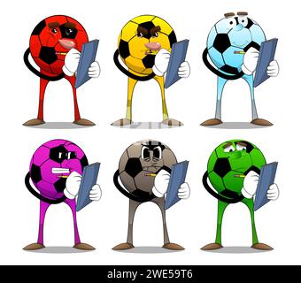 Soccer ball writing on a books cover. Traditional football ball as a cartoon character with face. Stock Vector