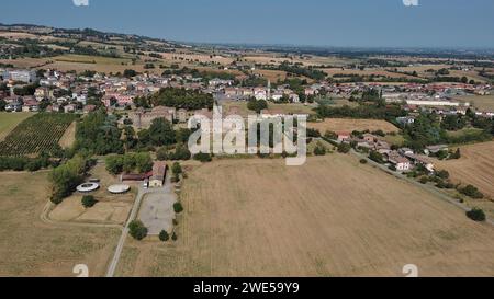aerial shot of Castello di Agazzano in Gazzola, Piacenza, Emilia-Romagna Italy Stock Photo