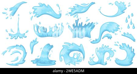 Cartoon water splashes. Blue waves, drops, spray, pure liquid different shapes, clean aqua, flying and flowing particles, sea and ocean droplets in Stock Vector