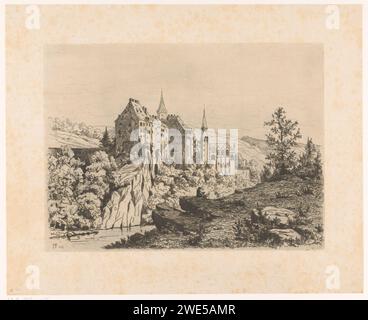 Mountain landscape with Slot Sigmaringen, Maria van Hohenzollern-Sigmaringen (Countess of Flanders), 1876 print   paper ETCHING / DRYPOINT / REDOUSSAGE landscape with tower or castle. artist at work, in his workshop - BB - out of doors Sigmaringen Stock Photo