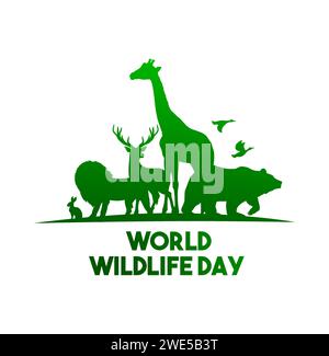 Wildlife day vector poster, wild animals green silhouettes isolated on white background. Biological diversity lion, bear, giraffe and hare with deer and ducks. Forest and african animals fauna holiday Stock Vector