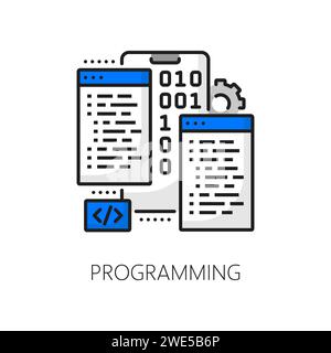 Cellphone app development and programming, web application coding, mobile software optimization thin line icon. Phone software, digital product testing line vector icon with programming binary code Stock Vector