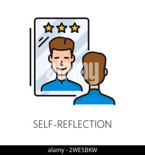 Self reflection psychological disorder problem, mental health isolated thin line icon, symbolizing introspection and self-awareness, represented by a mirror contemplating with male face reflection Stock Vector