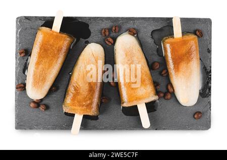 Coffee Popsicles, Refreshing Ice Lollies on White Isolated Background Stock Photo