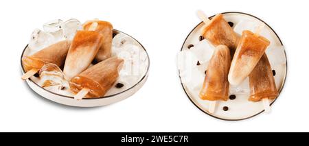 Coffee Popsicles, Refreshing Ice Lollies on White Isolated Background Stock Photo