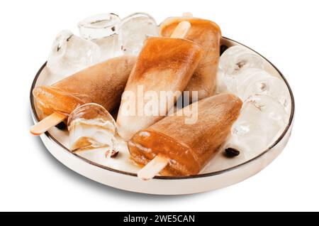 Coffee Popsicles, Refreshing Ice Lollies on White Isolated Background Stock Photo
