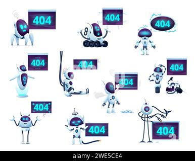 404 page with cartoon screens, robots and droids for website error, vector symbols of broken android. 404 error or web page not found, oops website service maintenance screens with robots and droids Stock Vector